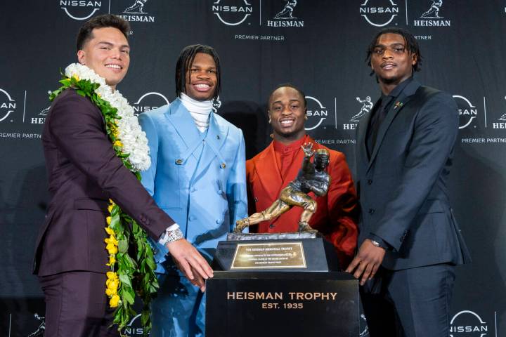 Heisman Trophy finalists, from left, Oregon's Dillon Gabriel, Colorado's Travis Hunte ...