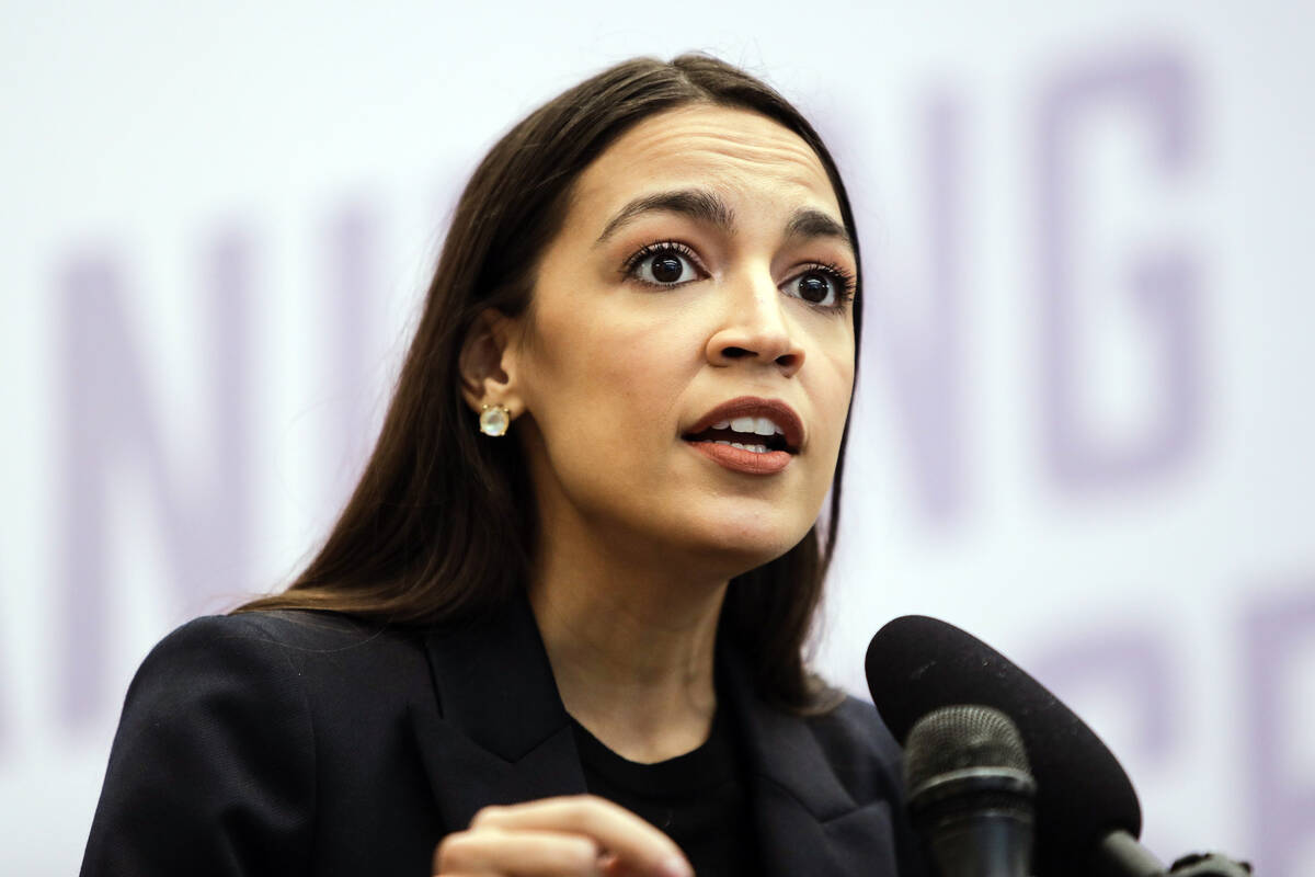 U.S. Rep. Alexandria Ocasio-Cortez, D-N.Y., speaks during a news conference, Friday, May 1, 202 ...