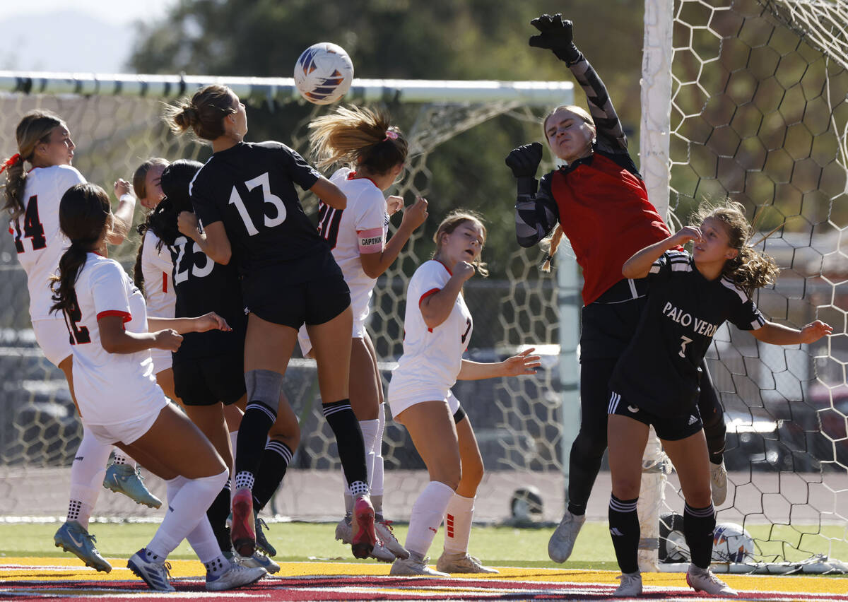 Doral Academy goalkeeper Kenadie Mashore deflects a corner kick against Palo Verde during a Cla ...