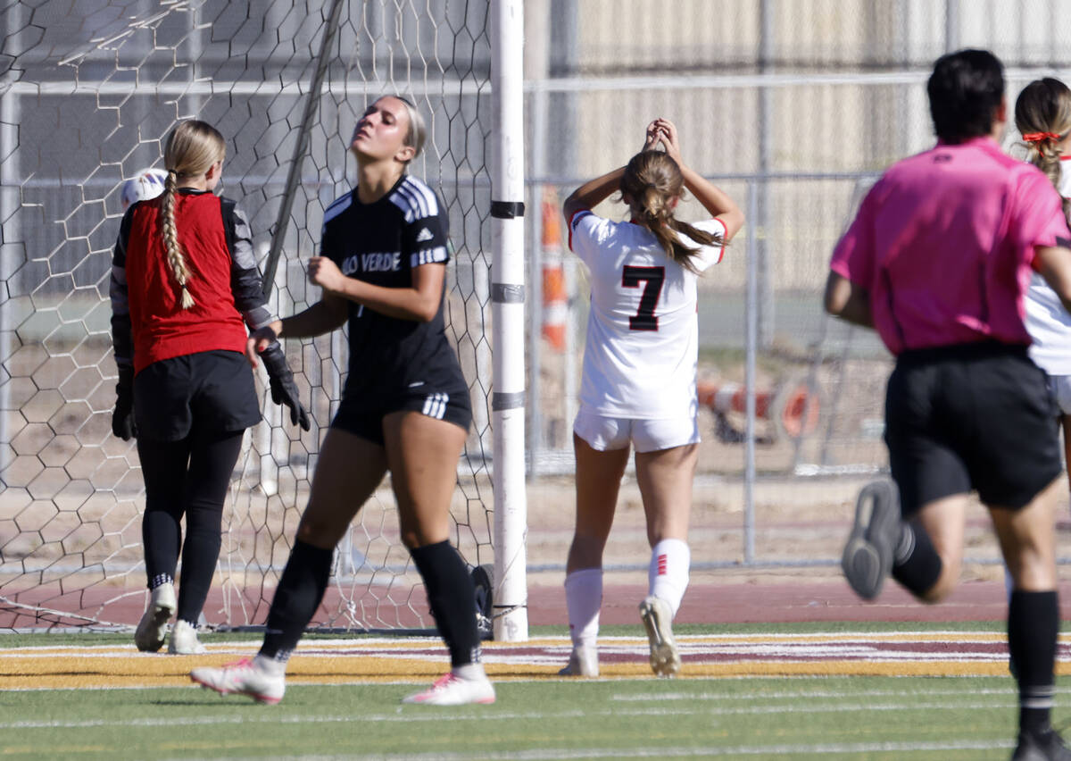 Palo Verde forwartd Kally Calcaterra, second left, reacts after missing a goal against Doral Ac ...