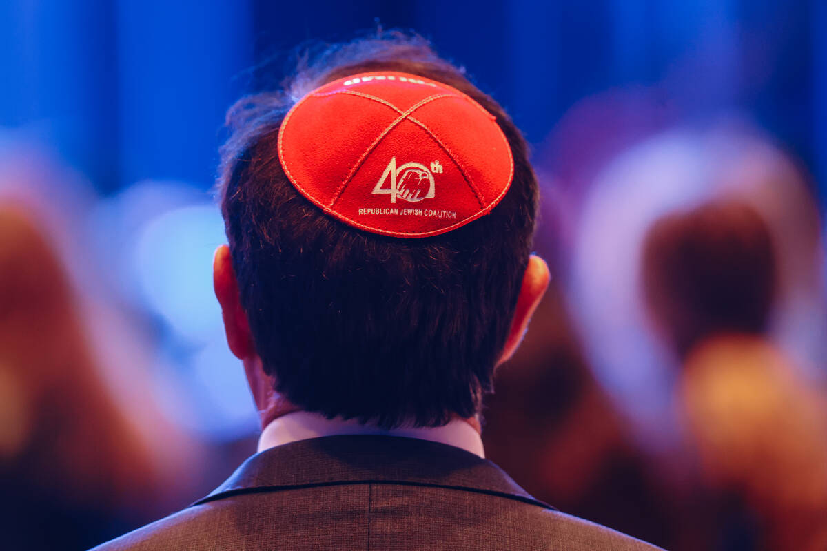 A man wears a yarmulke during a Republican Jewish Coalition dinner at the Venetian Friday, Oct. ...