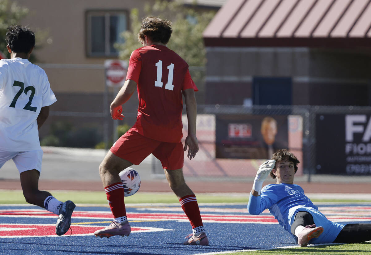 Palo Verde goalkeeper Jake Barrett and defender Haydn Rodrigues (72) watch as Coronado striker ...