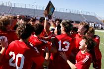 Coronado players celebrate their win in a Class 5A Southern Region boys soccer title game again ...