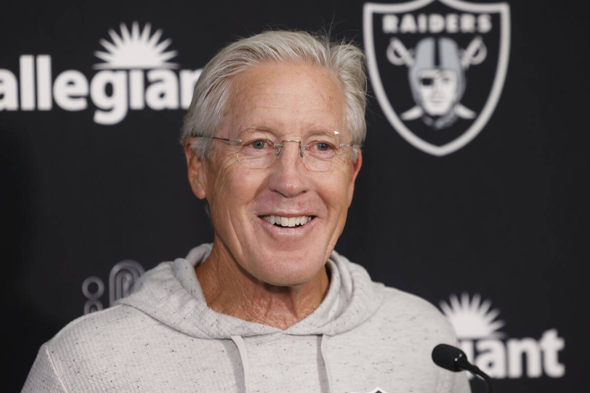 Raiders head coach Pete Carroll smiles ad he speaks during media interviews at the Intermountai ...