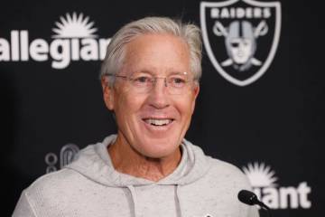 Raiders head coach Pete Carroll smiles ad he speaks during media interviews at the Intermountai ...