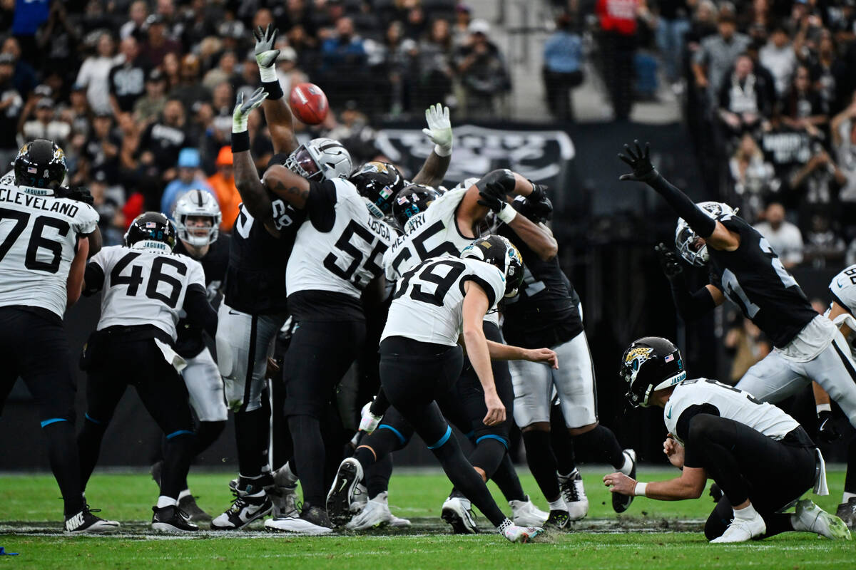 Jacksonville Jaguars place kicker Cam Little (39) makes a 68-yard field goal during the first h ...