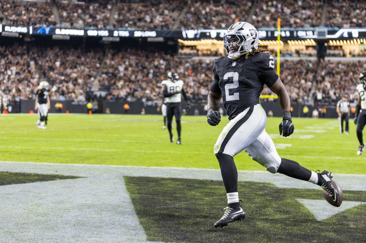 Raiders running back Ashton Jeanty (2)celebrates a touchdown against the Jacksonville Jaguars d ...