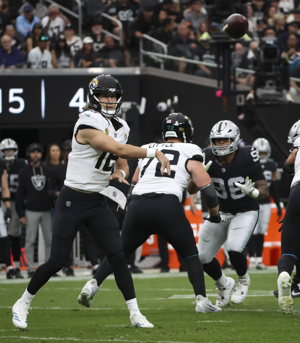 Jacksonville Jaguars quarterback Trevor Lawrence (16) throws a pass during the first half of an ...