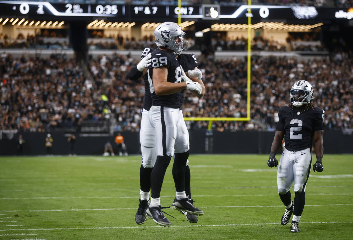 Raiders tight end Brock Bowers (89) reacts after scoring a touchdown against the Jacksonville J ...