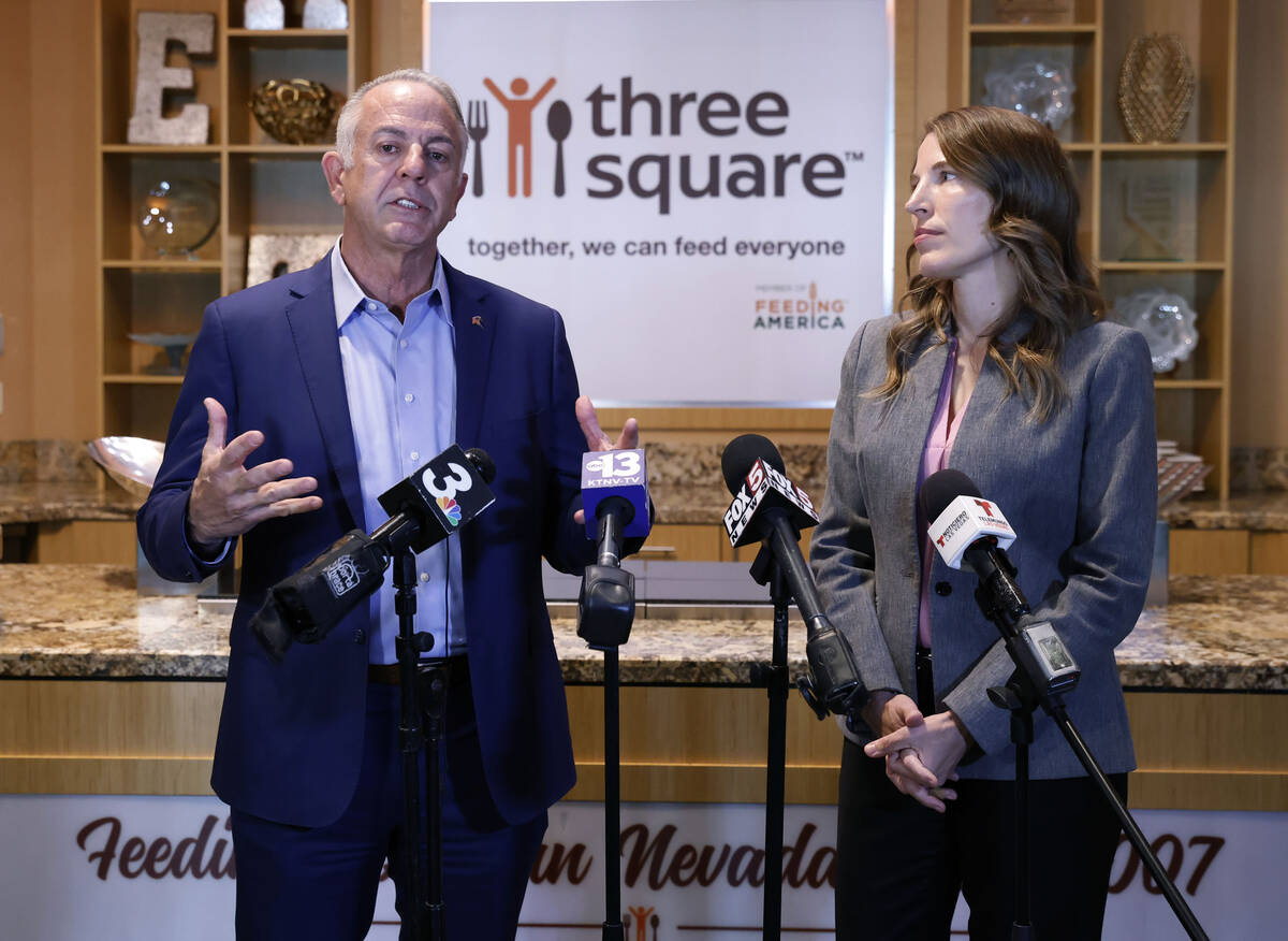 Gov. Joe Lombardo delivers remarks, after touring Three Square, to the press on how Nevadans ca ...