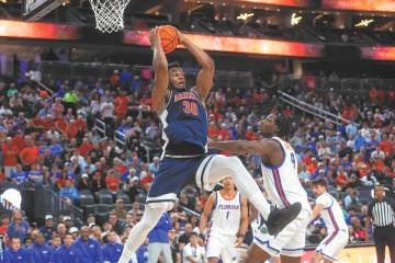 Arizona Wildcats forward Tobe Awaka (30) grabs a pass as Florida Gators center Rueben Chinyelu ...