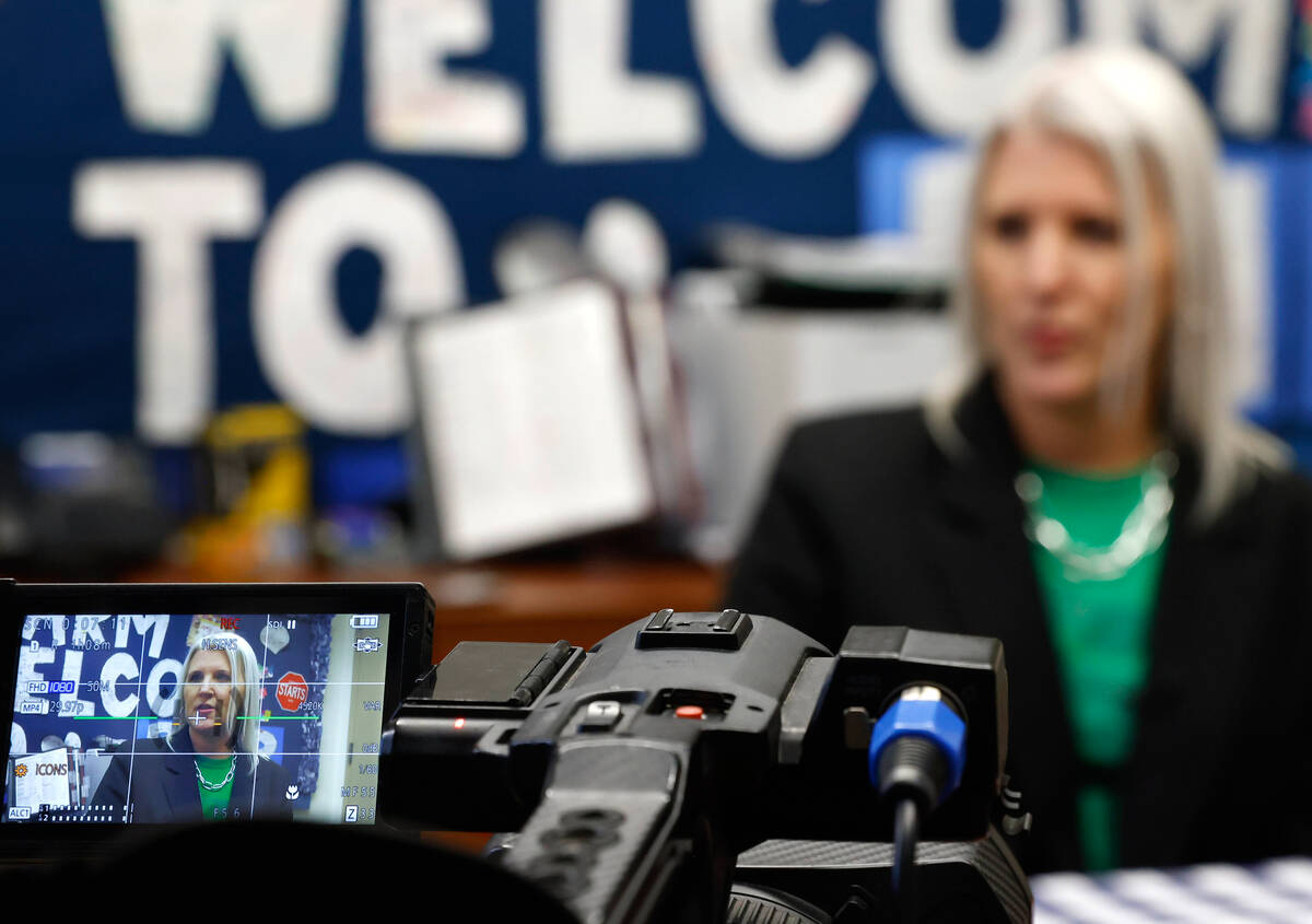 Richard Bryan Elementary School Principal Brandi Mora speaks during an interview with the Revie ...