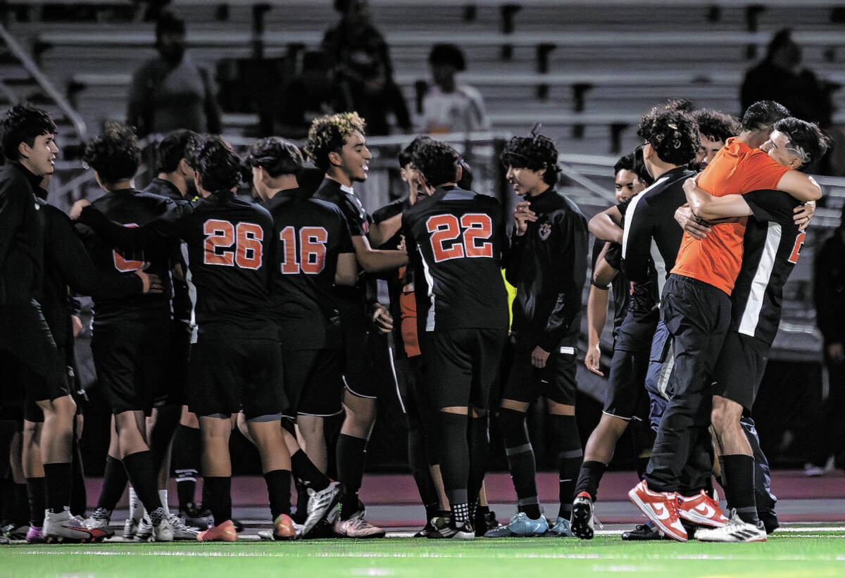 Chaparral celebrates after defeating Doral Academy 2-1 during a 4A boys soccer state semifinal ...