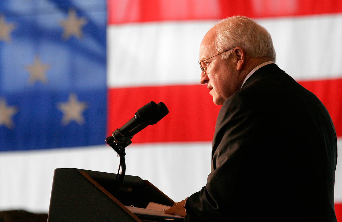 Vice President Dick Cheney delivers his speech to troops at Fairchild Air Force base on Monday, ...