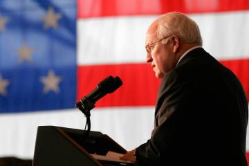Vice President Dick Cheney delivers his speech to troops at Fairchild Air Force base on Monday, ...