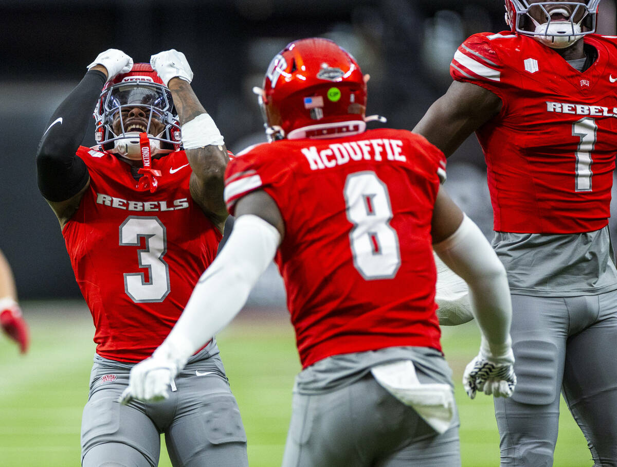 UNLV defensive back Jaheem Joseph (3) celebrates a sack on New Mexico Lobos quarterback Jack La ...