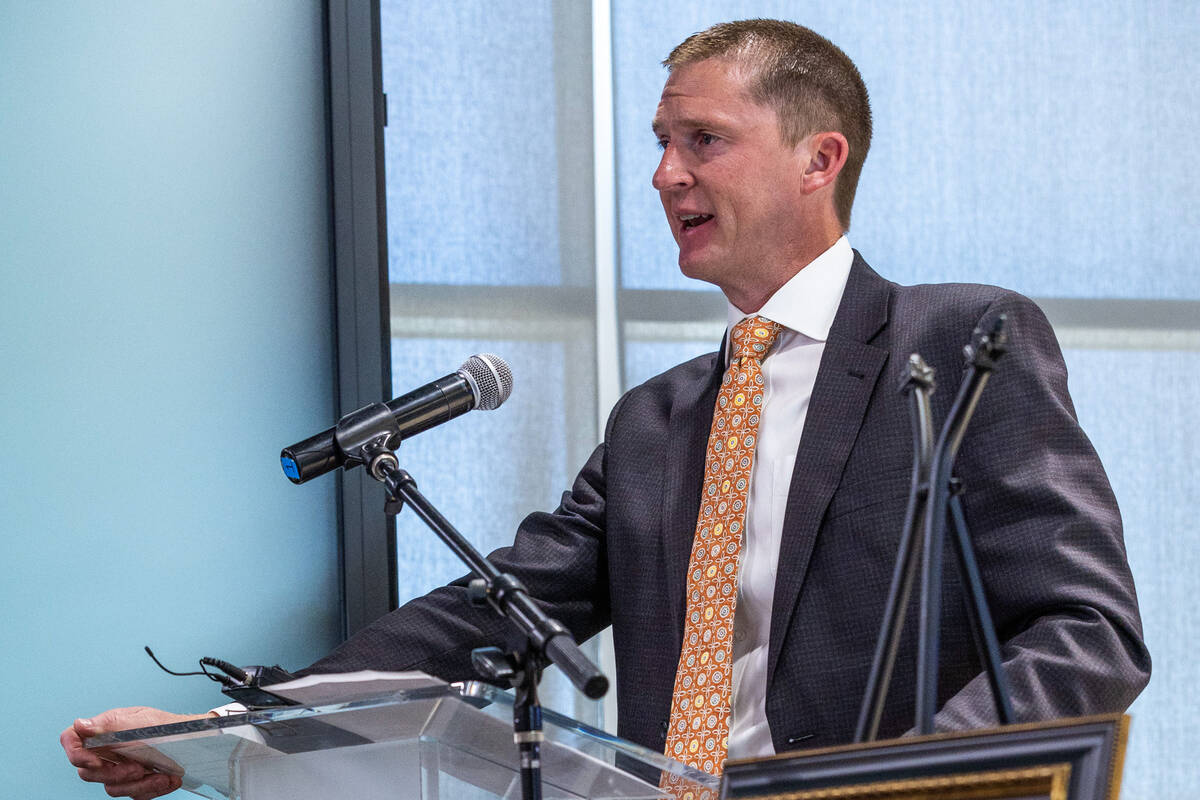 Jason Patchett talks about his son Rex to supporters of "Rex's Law," including Nevada Gov. Joe ...