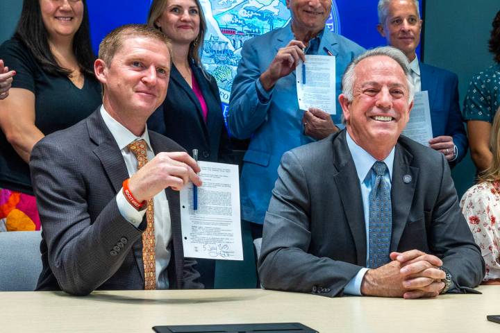 Nevada Gov. Joe Lombardo conducts a ceremonial signing of SB 322, known as "Rex's Law," with me ...