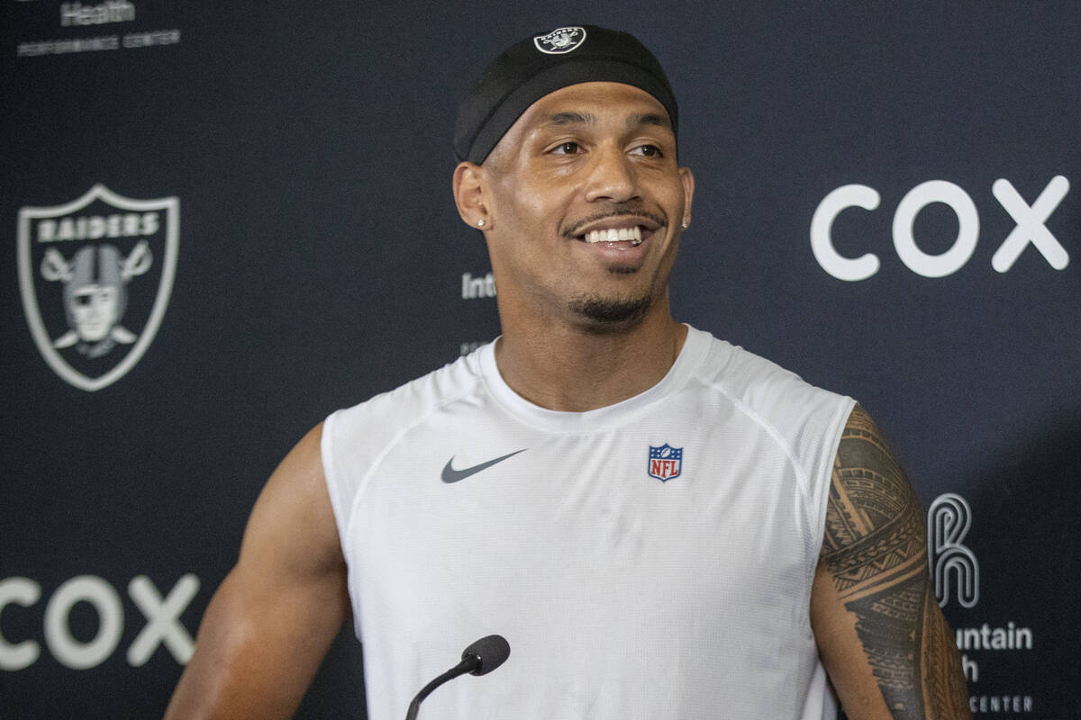 Raiders safety Isaiah Pola-Mao smiles during a news conference following an NFL football mandat ...