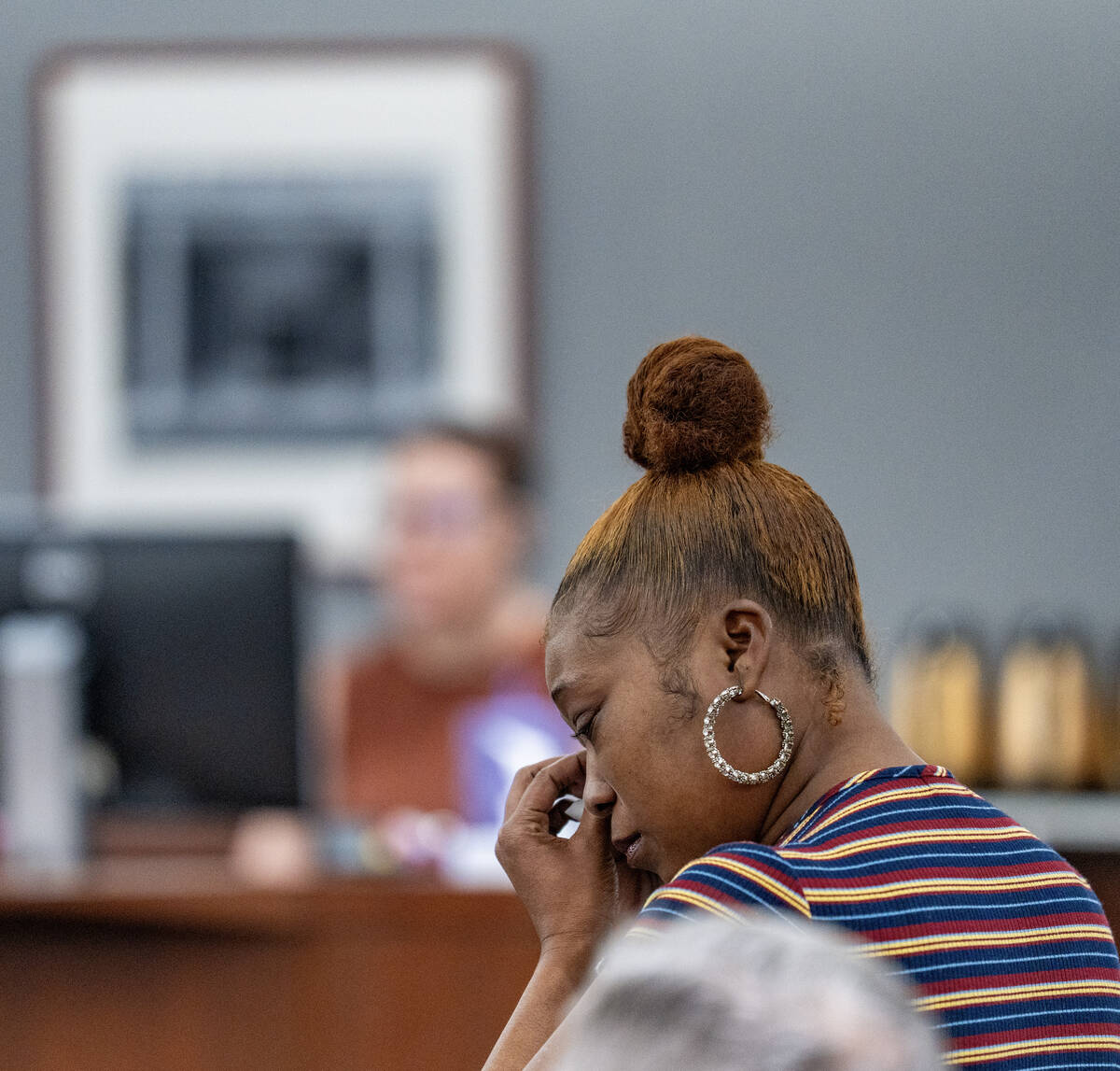 Michelle Camper becomes emotional while speaking in court during the sentencing hearing for Cla ...
