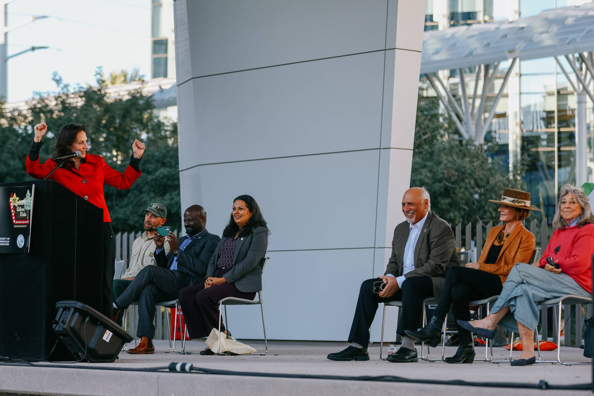 Mary Beth Sewald, president and CEO of Vegas Chamber, jokes with Nevada Lt. Gov. Stavros Anthon ...