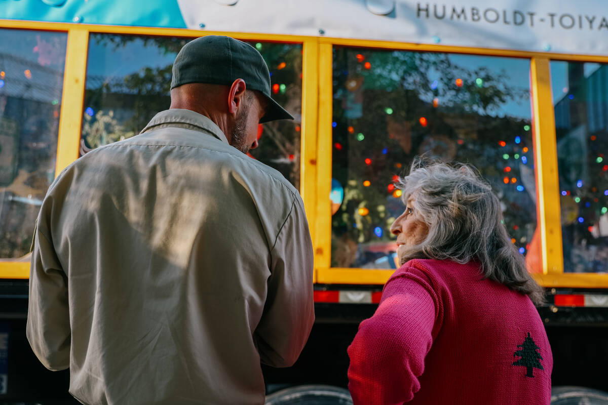 Duncan Leao, Capitol Christmas tree project lead, and U.S. Rep. Dina Titus, D-Las Vegas, visit ...