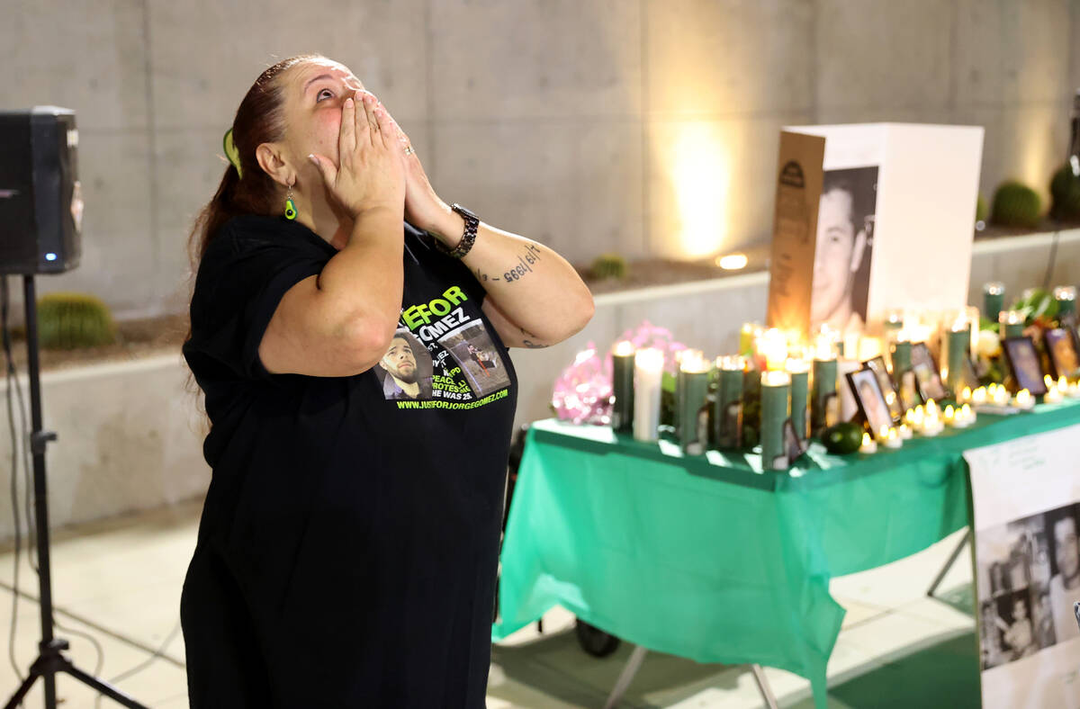 Jeanne Llera, mother of Jorge Gomez, speaks during a vigil for her son outside the Lloyd George ...