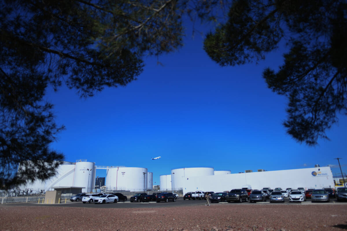 A building currently housing Sky Chefs is seen next to fuel tanks at Harry Reid International A ...