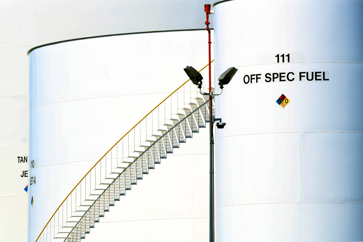 Fuel tanks are seen at Harry Reid International Airport Saturday, October 4, 2025, in Las Vegas ...