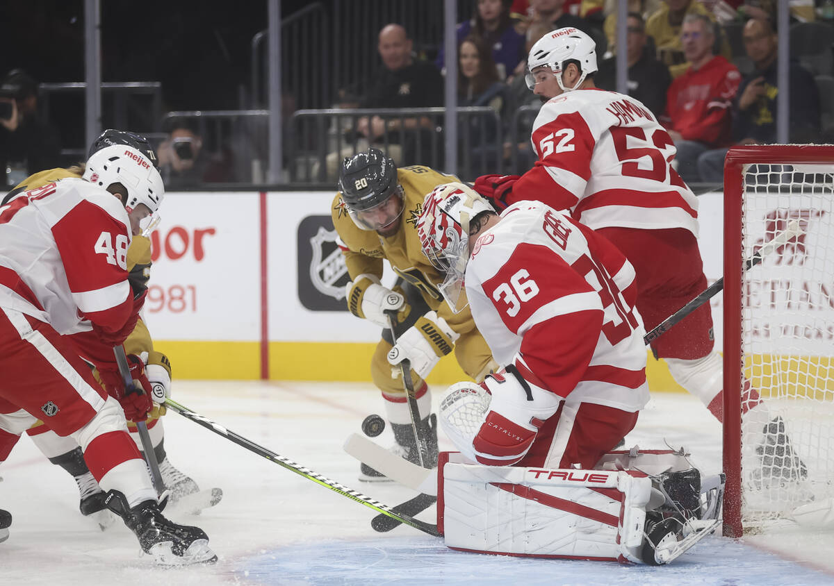 Detroit Red Wings goaltender John Gibson (36) blocks the puck against Golden Knights left wing ...