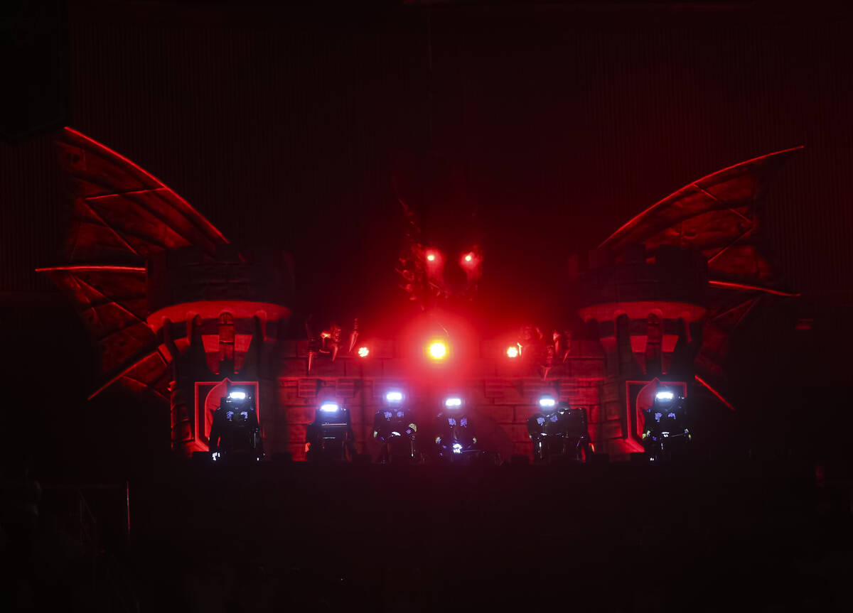 The Golden Knights drumbots are seen before an NHL hockey game against the Detroit Red Wings at ...