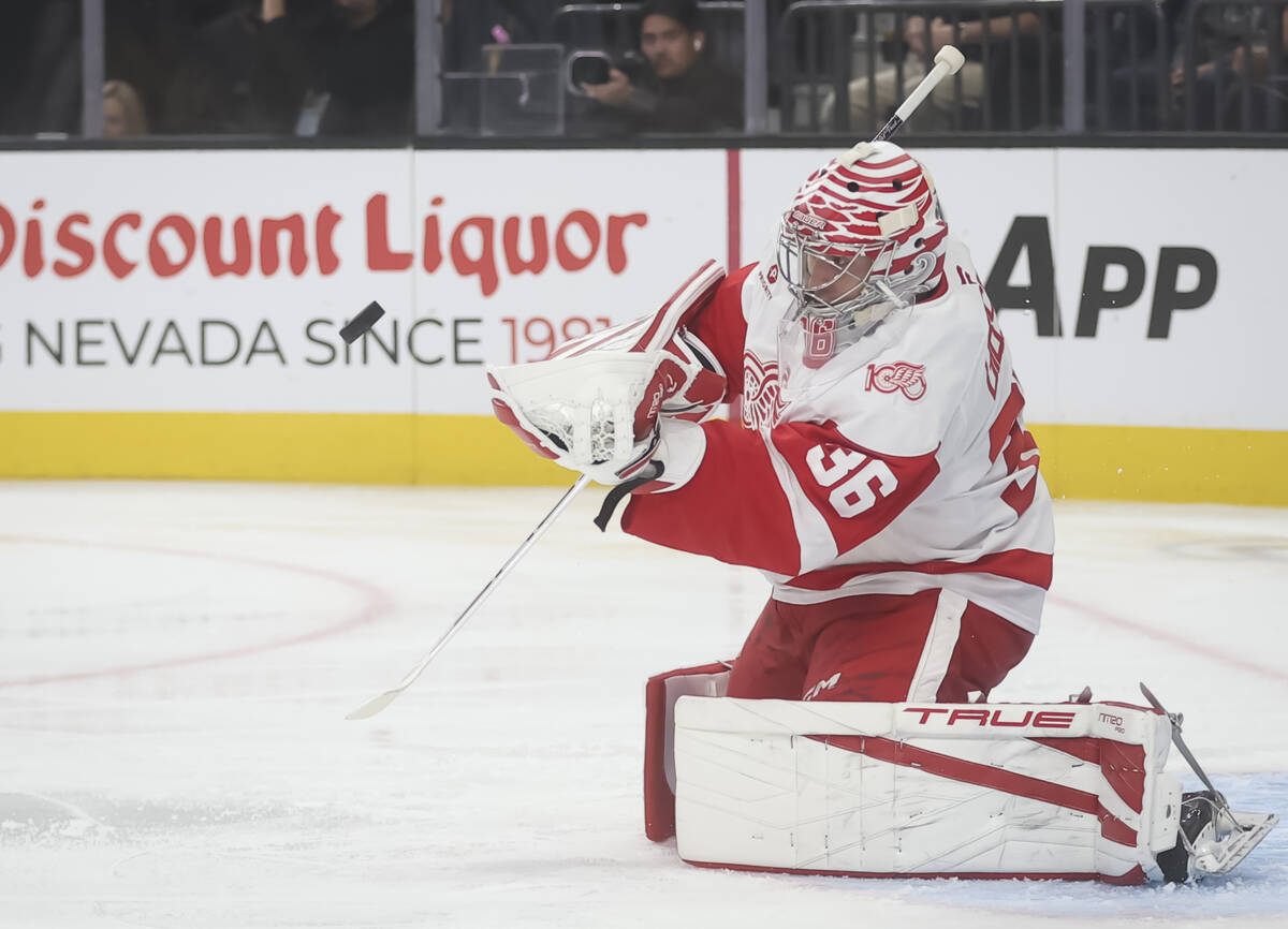 Detroit Red Wings goaltender John Gibson (36) blocks a shot from the Golden Knights during the ...
