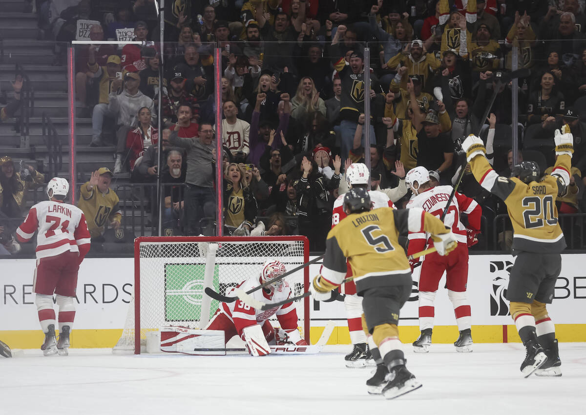 The Golden Knights celebrate a goal by Golden Knights left wing Ivan Barbashev, out of frame, d ...