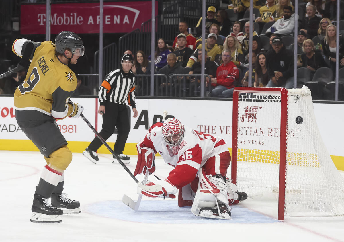 Golden Knights center Jack Eichel (9) misses a shot against Detroit Red Wings goaltender John G ...