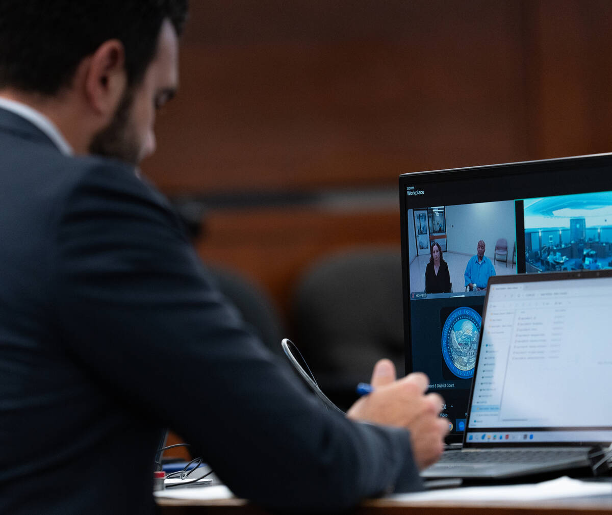 Samuel Howard appears via zoom for his resentencing hearing in Las Vegas Nov. 4, 2025. Howard w ...