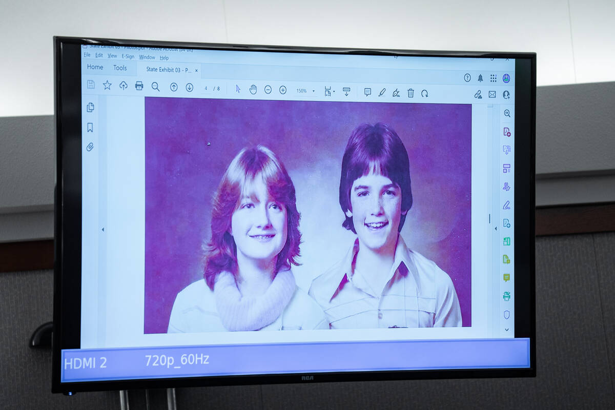 Young family photos of George Monahan are shown to the court during Samuel Howard’s rese ...