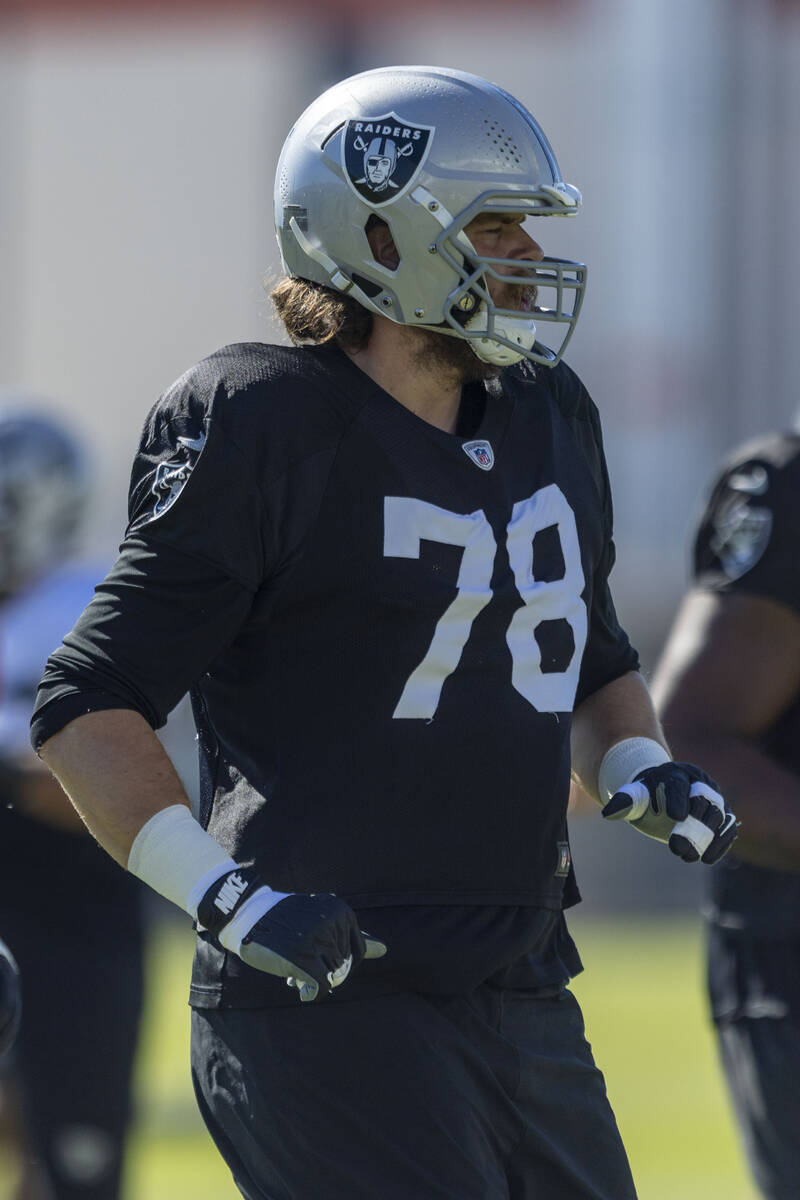 Raiders offensive tackle Dalton Wagner (78) warms up during the team’s practice at the I ...