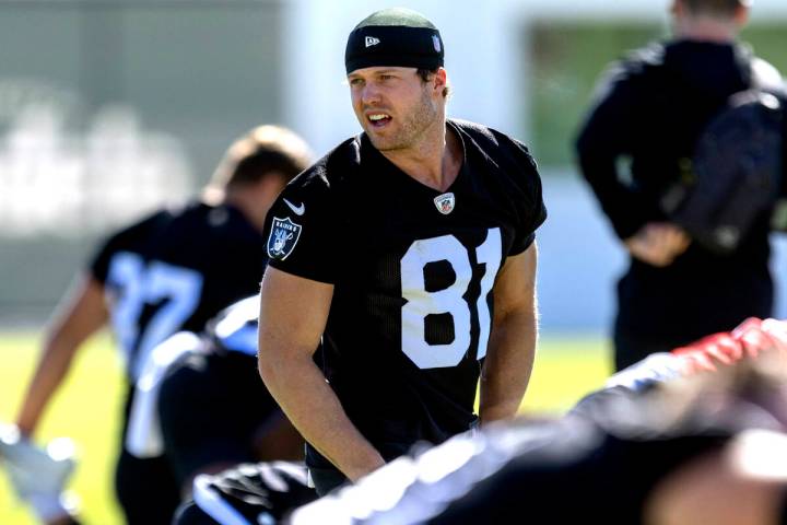 Raiders wide receiver Alex Bachman (81) stretches during the team’s practice at the Inte ...