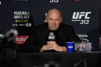 UFC president Dana White speaks during a news conference on Saturday, March 8, 2025, in Las Veg ...