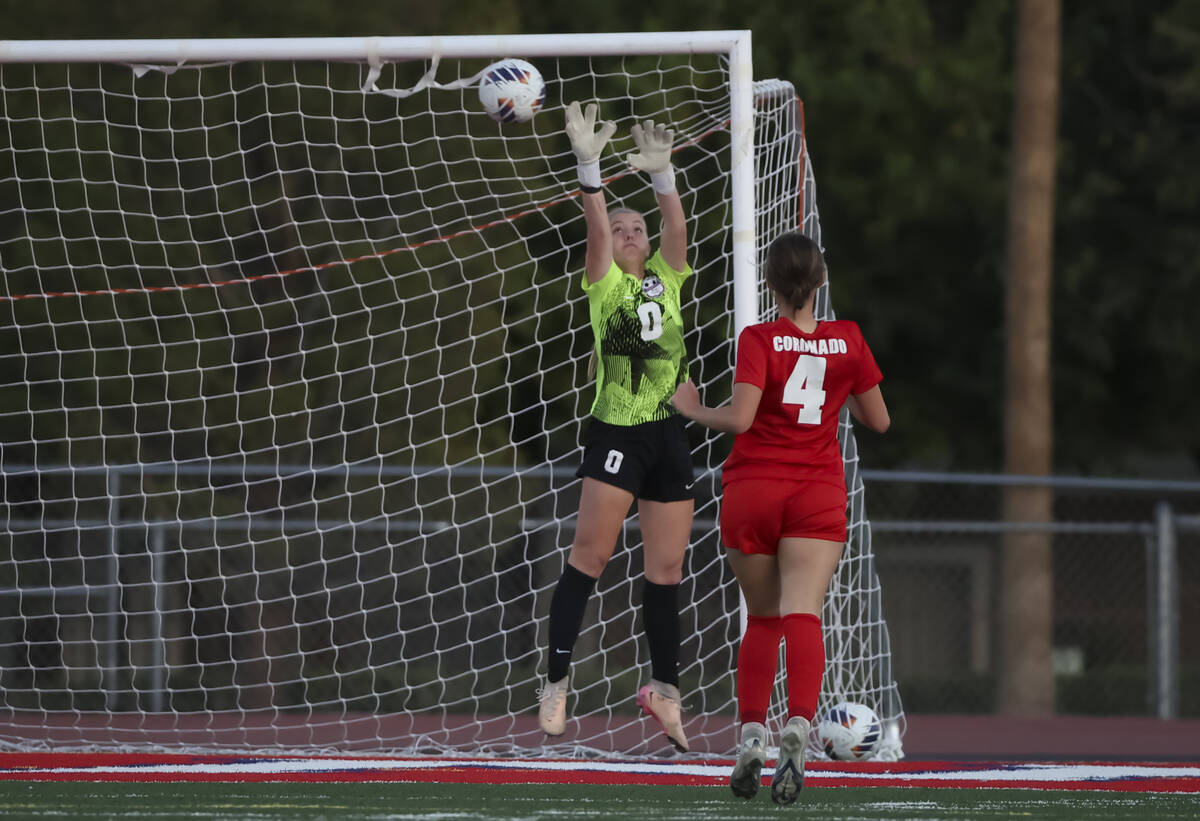 Coronado goalkeeper Lilian Foss (0) blocks a shot from Centennial during the first half of a Cl ...