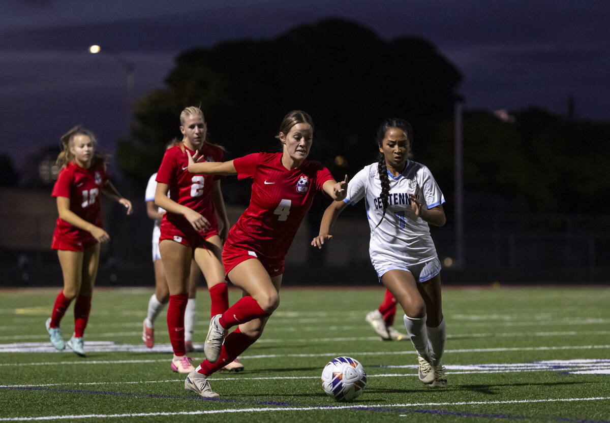 Coronado's Ella Schultz (4) runs with the ball under pressure from Centennial's Ysabe ...