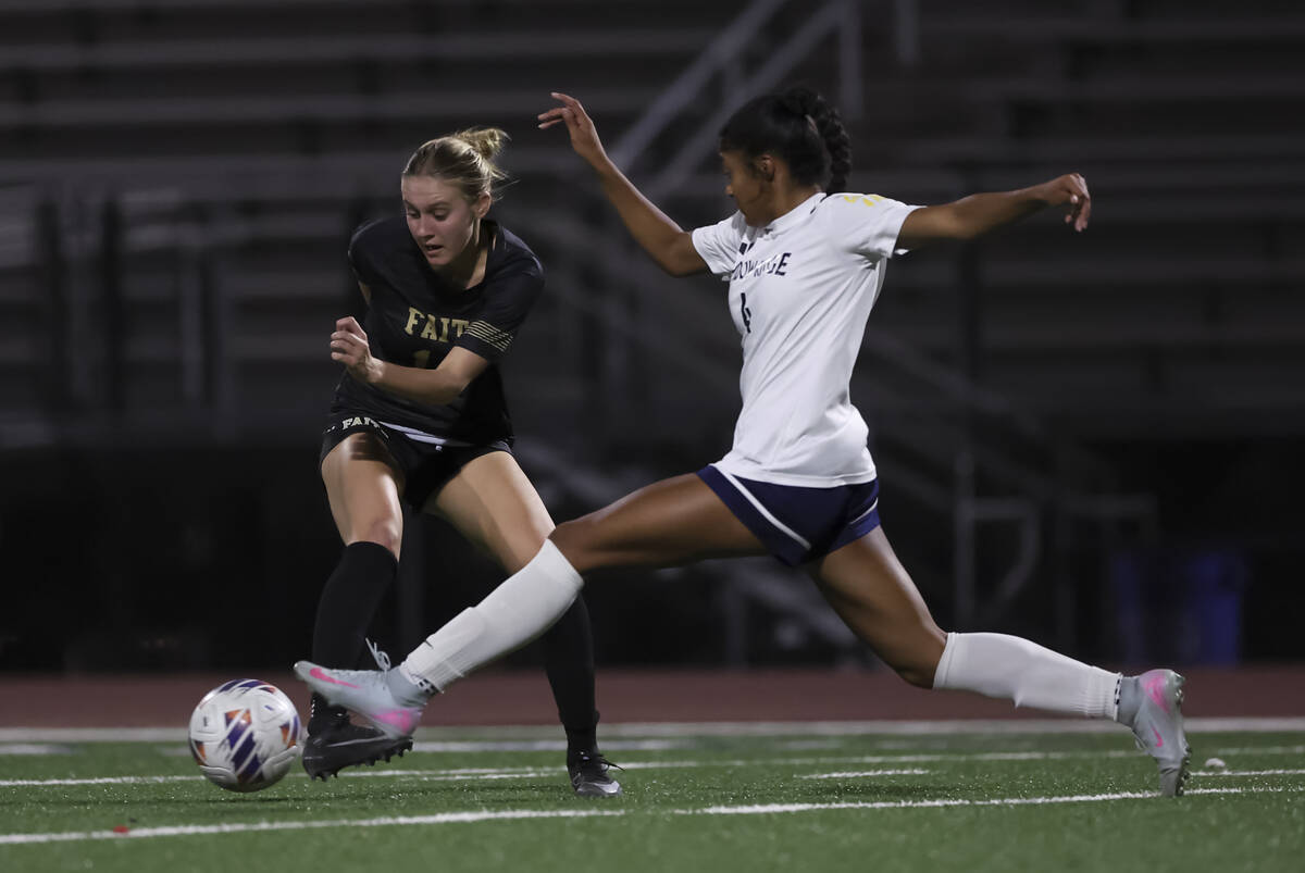 Shadow Ridge's Taylor Johnson (4) tries to get the ball from Faith Lutheran's Kloe Ab ...