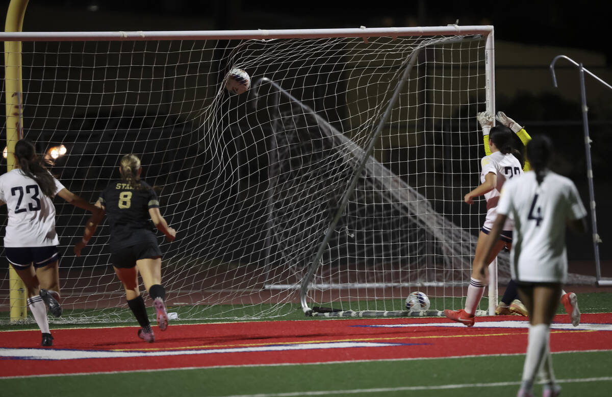 Faith Lutheran scores against Shadow Ridge during the second half of a Class 5A girls soccer st ...