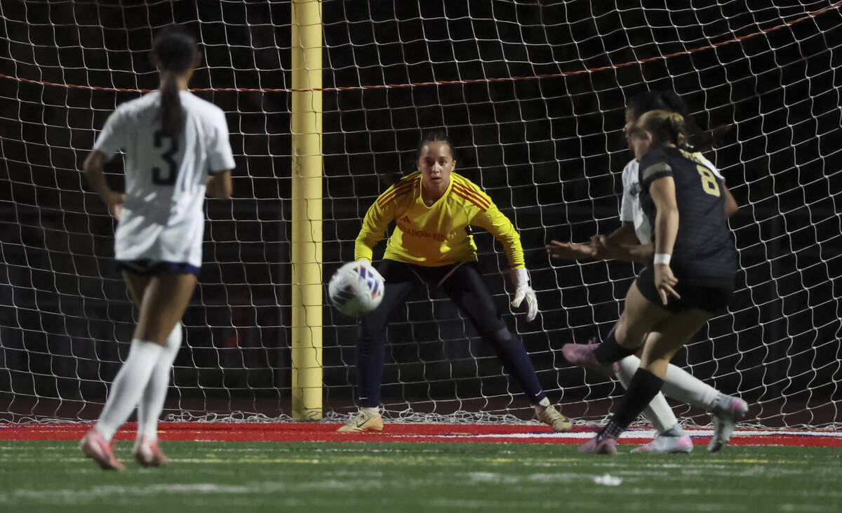 Shadow Ridge goalkeeper Keira Torres defends the net during the first half of a Class 5A girls ...