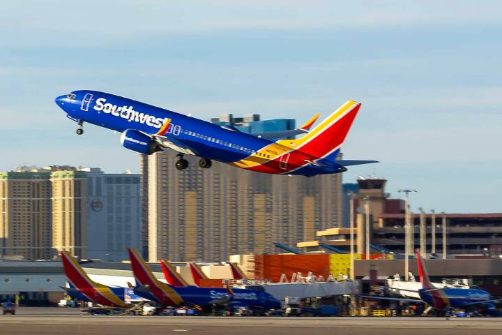 A Southwest Airlines plane takes off at Harry Reid International Airport Wednesday, Nov. 5, 202 ...