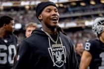 Raiders safety Lonnie Johnson comes off of the field for halftime of an NFL game against the Ja ...