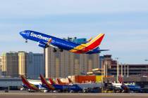 A Southwest Airlines plane takes off at Harry Reid International Airport Wednesday, Nov. 5, 202 ...