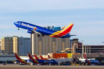 A Southwest Airlines plane takes off at Harry Reid International Airport Wednesday, Nov. 5, 202 ...
