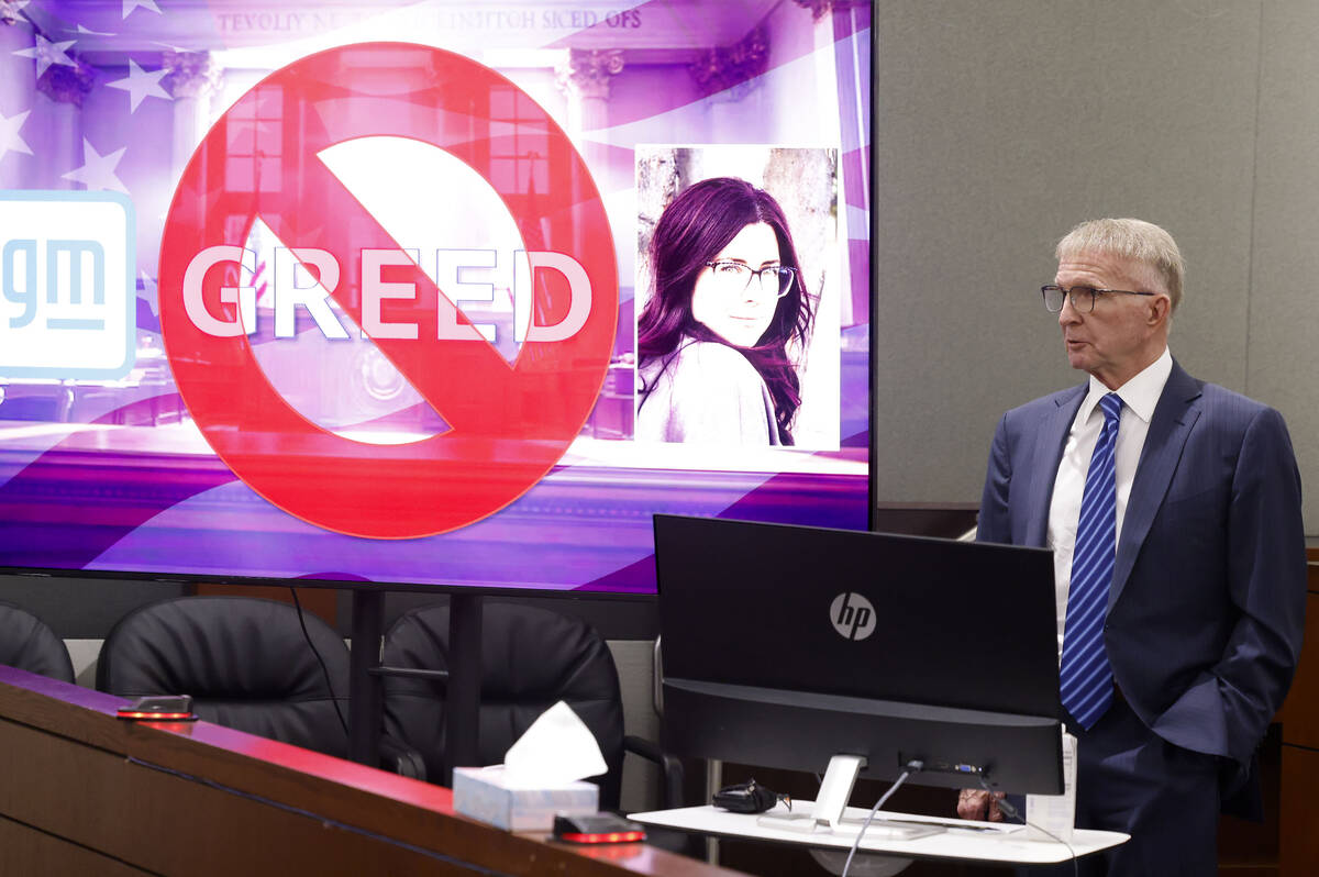 A photograph of Allie Mead and a "GREED" sign are displayed as attorney Robert Eglet, represent ...