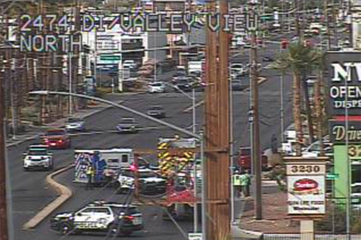 Police investigate a three-vehicle crash Wednesday, Nov. 5, 2025, near South Valley View Boulev ...